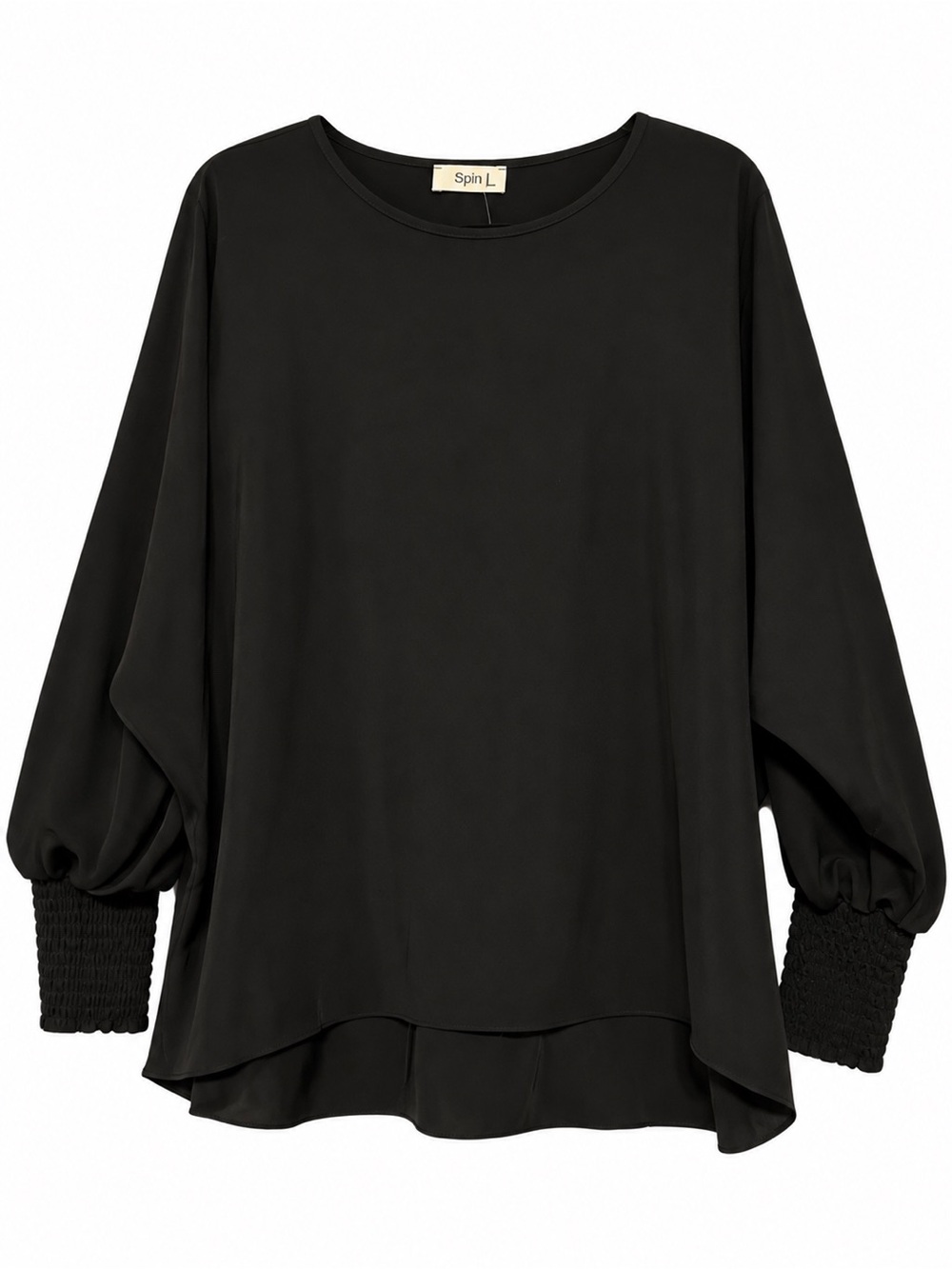 Spin Black Long Sleeve Shirt Blouse with Smocked Cuffs L